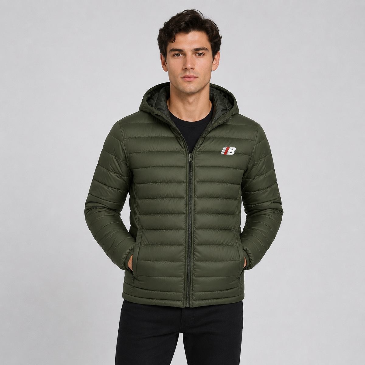 Quilted hooded full-zip jacket in dark green