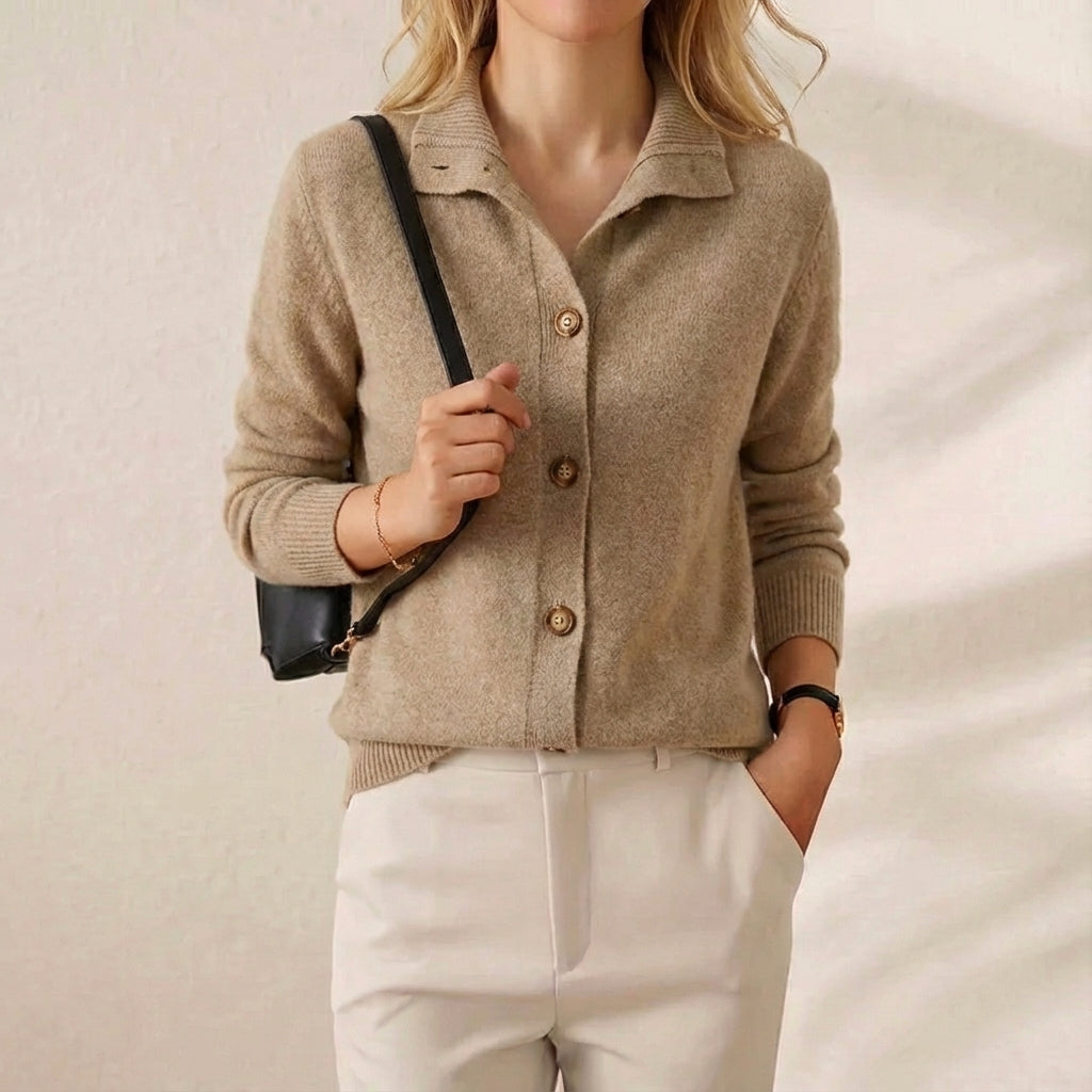 Collared button front knit cardigan in beige