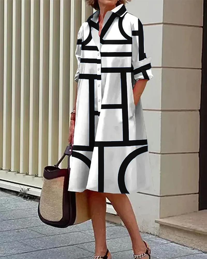 Geometric print dress with pockets made from a comfortable cotton-polyester blend, perfect for casual wear. 7