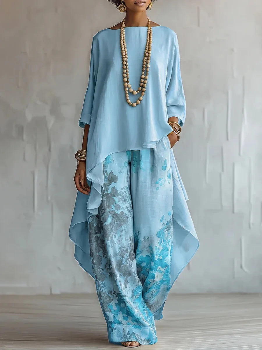Two-piece printed tunic and wide-leg pants set in blue