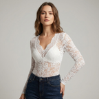 Women's Floral Lace Top V-Neck Long Sleeve