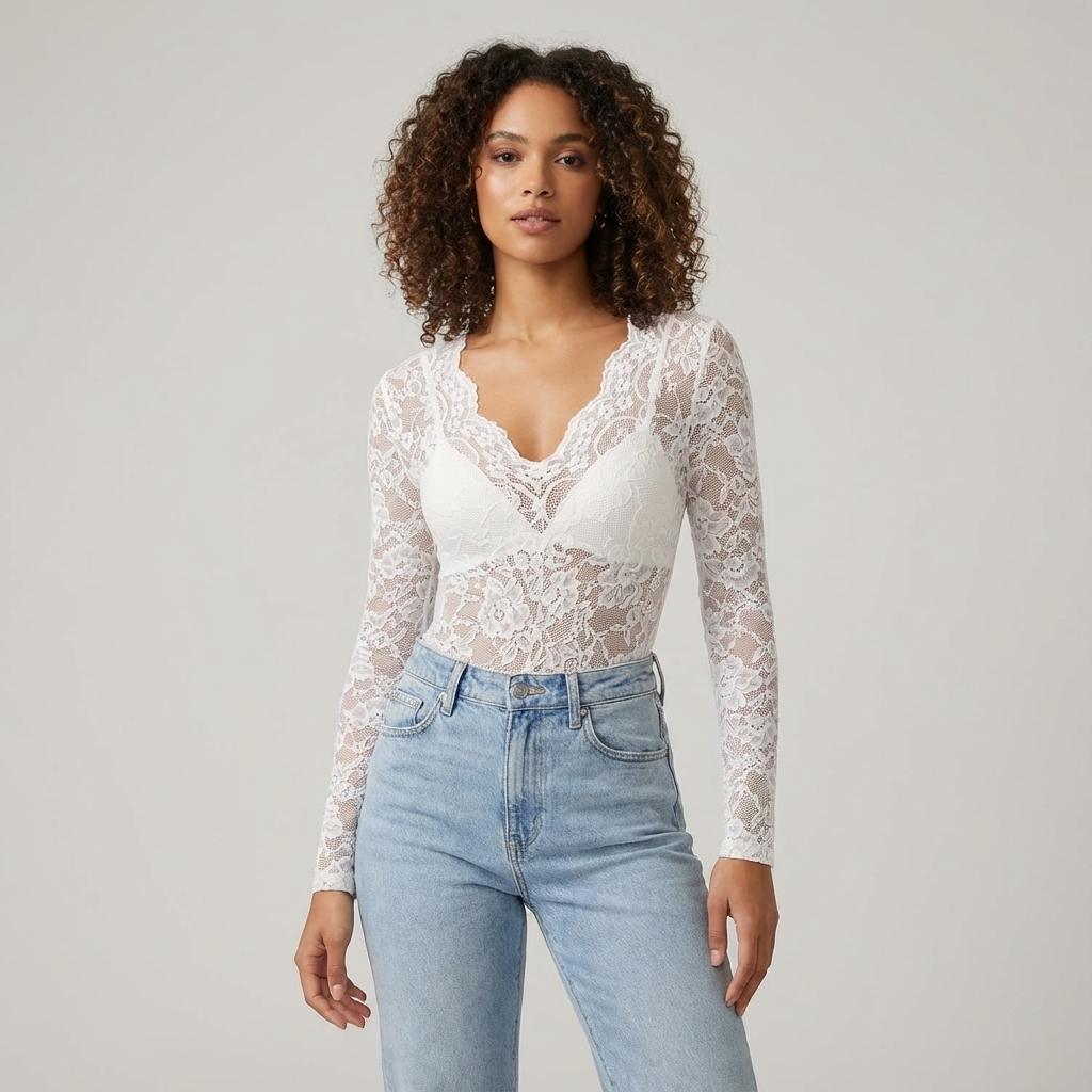 Women's Floral Lace Top V-Neck Long Sleeve