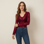 Women's Floral Lace Top V-Neck Long Sleeve