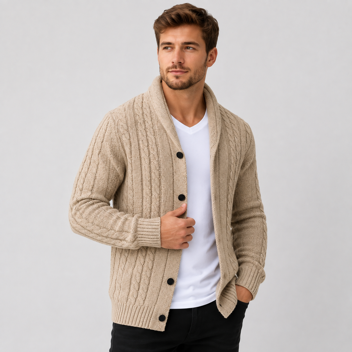 Cable knit button front cardigan sweater