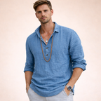Linen shirt with high collar and long sleeves for men and women, ideal for casual or formal wear, showcasing a stylish and breathable design. 0