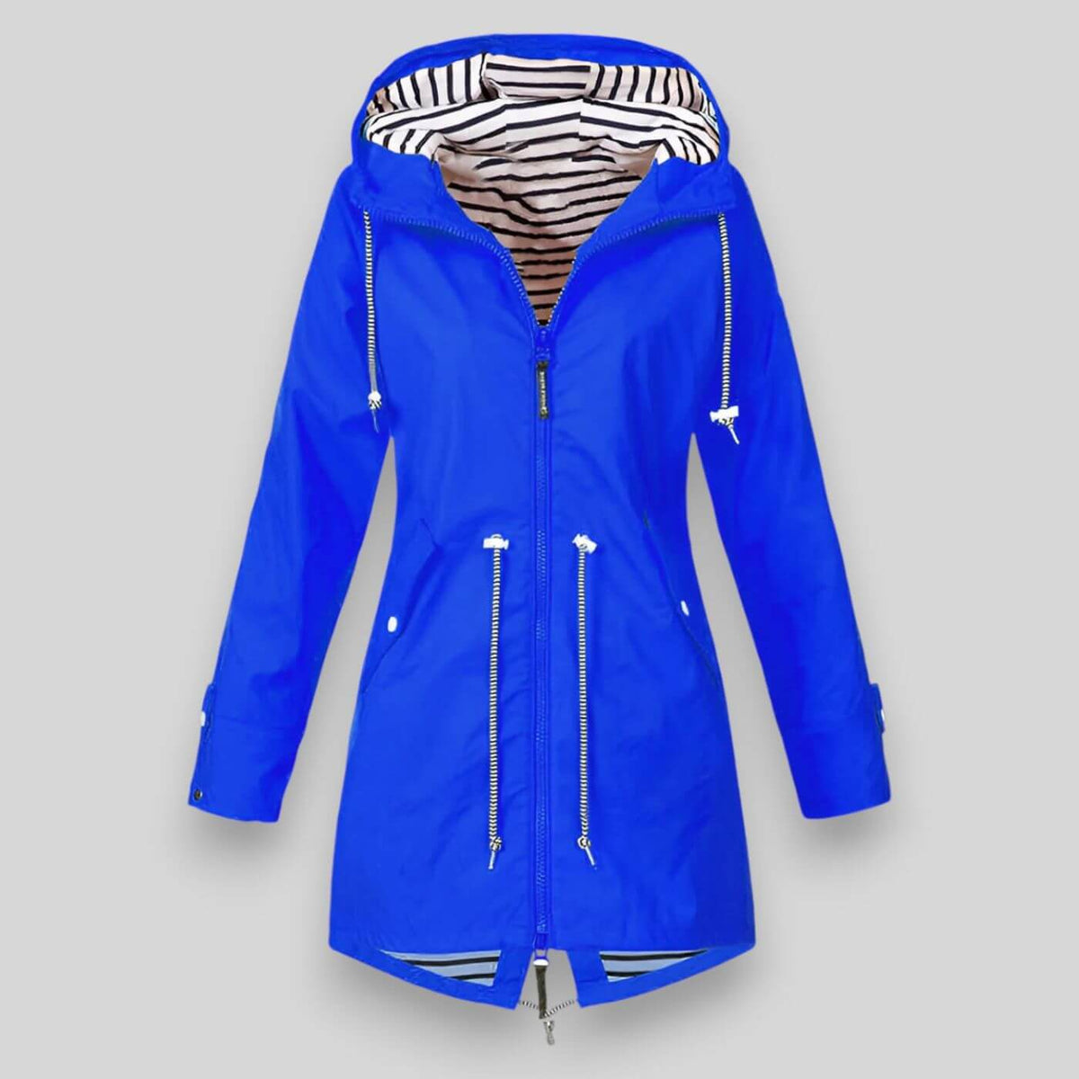 Women's sleek waterproof rain jacket with adjustable hood in bright blue