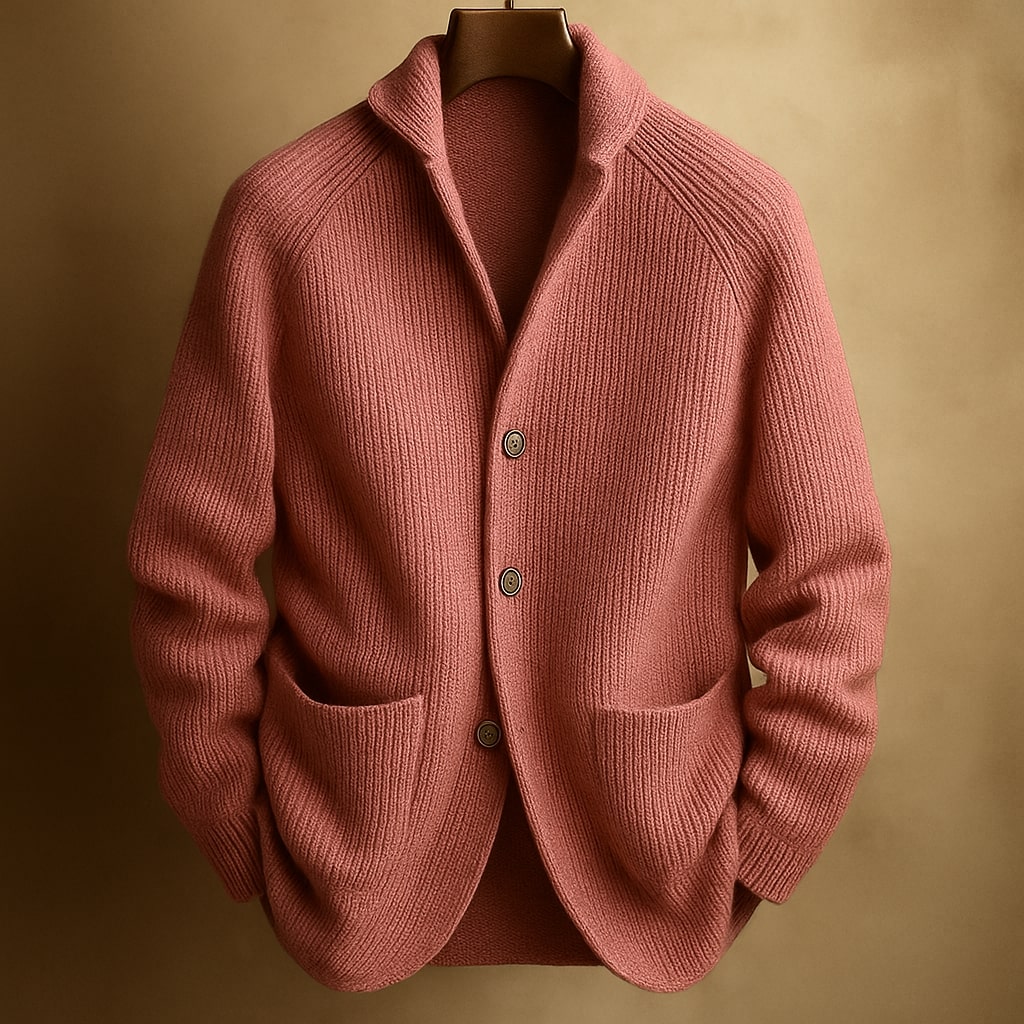 Men's ribbed wool blend shawl collar cardigan in pink