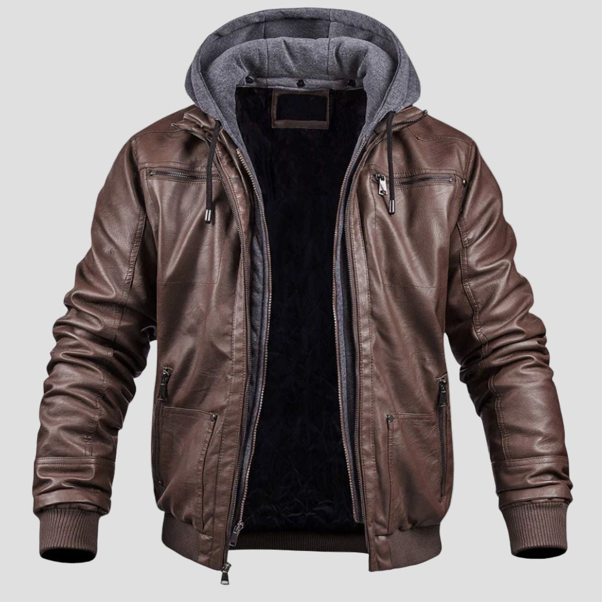 Men's Leather Bomber Jacket with Jersey Hood
