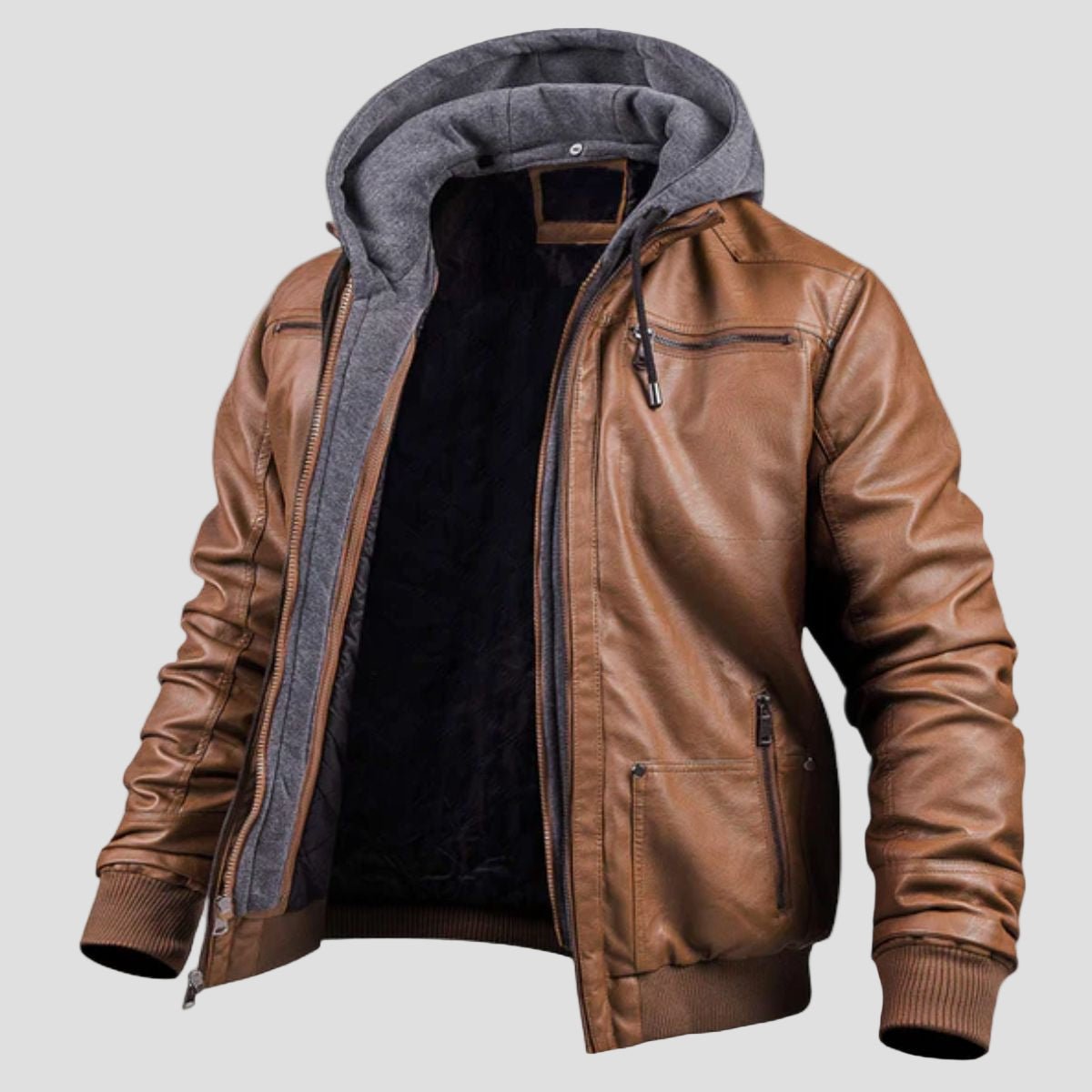 Men's Leather Bomber Jacket with Jersey Hood