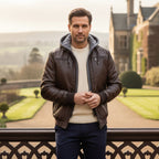 Men's Leather Bomber Jacket with Jersey Hood
