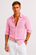 Men's linen shirt featuring a classic collar, long sleeves, and a slim fit design, perfect for casual and semi-formal occasions. 6