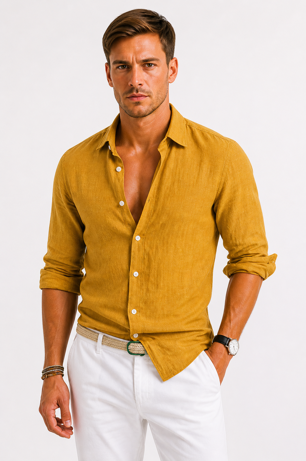 Men's linen shirt featuring a classic collar, long sleeves, and a slim fit design, perfect for casual and semi-formal occasions. 8