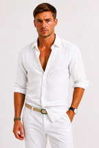 Men's linen shirt featuring a classic collar, long sleeves, and a slim fit design, perfect for casual and semi-formal occasions. 9