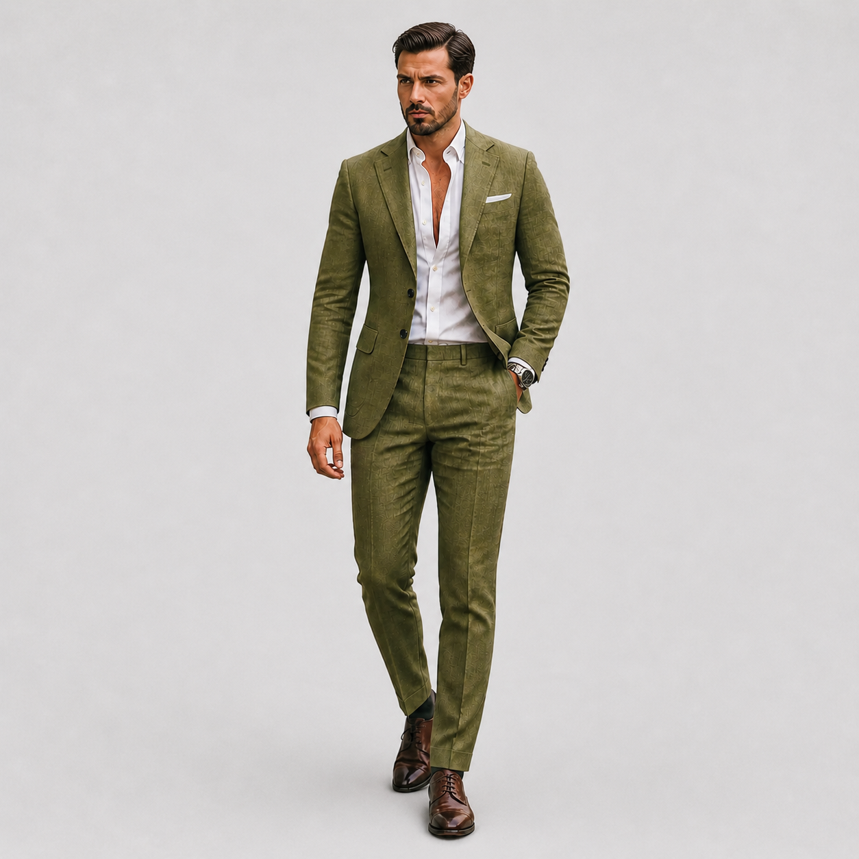 Men's slim fit linen suit in light beige, perfect for weddings and casual events, featuring a tailored design and breathable fabric for comfort and style. 1