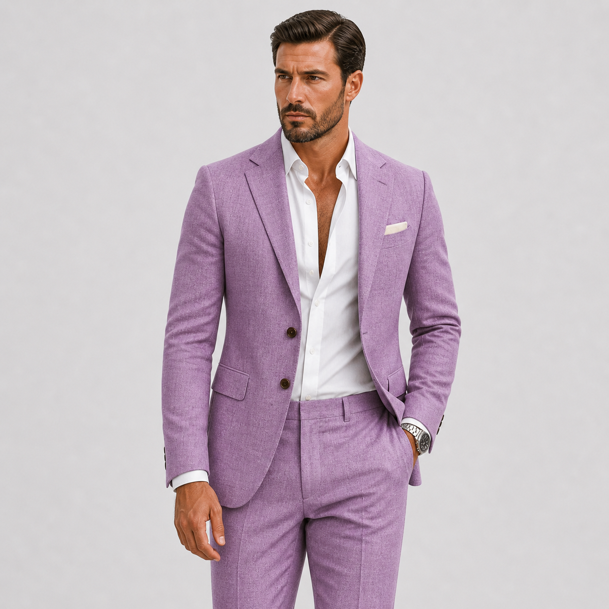Men's slim fit linen suit in light beige, perfect for weddings and casual events, featuring a tailored design and breathable fabric for comfort and style. 11