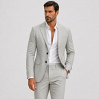 Men's slim fit linen suit in light beige, perfect for weddings and casual events, featuring a tailored design and breathable fabric for comfort and style. 7