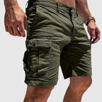 Men's relaxed fit knee-length cargo shorts in khaki, ideal for casual wear with multiple pockets for convenience and comfort. 0