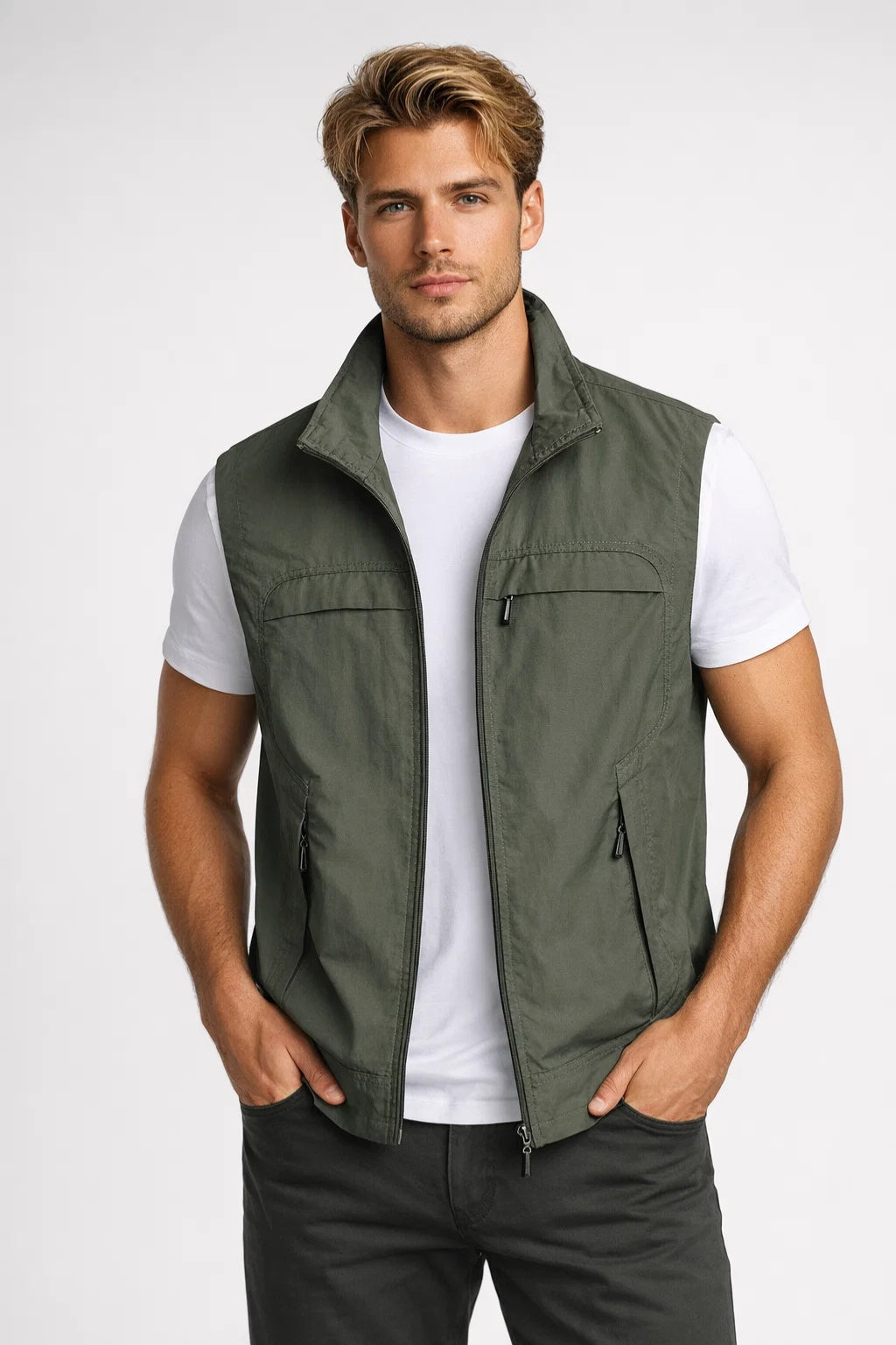 Men's lightweight vest featuring zippered pockets and a structured collar, ideal for outdoor activities and casual wear. 5