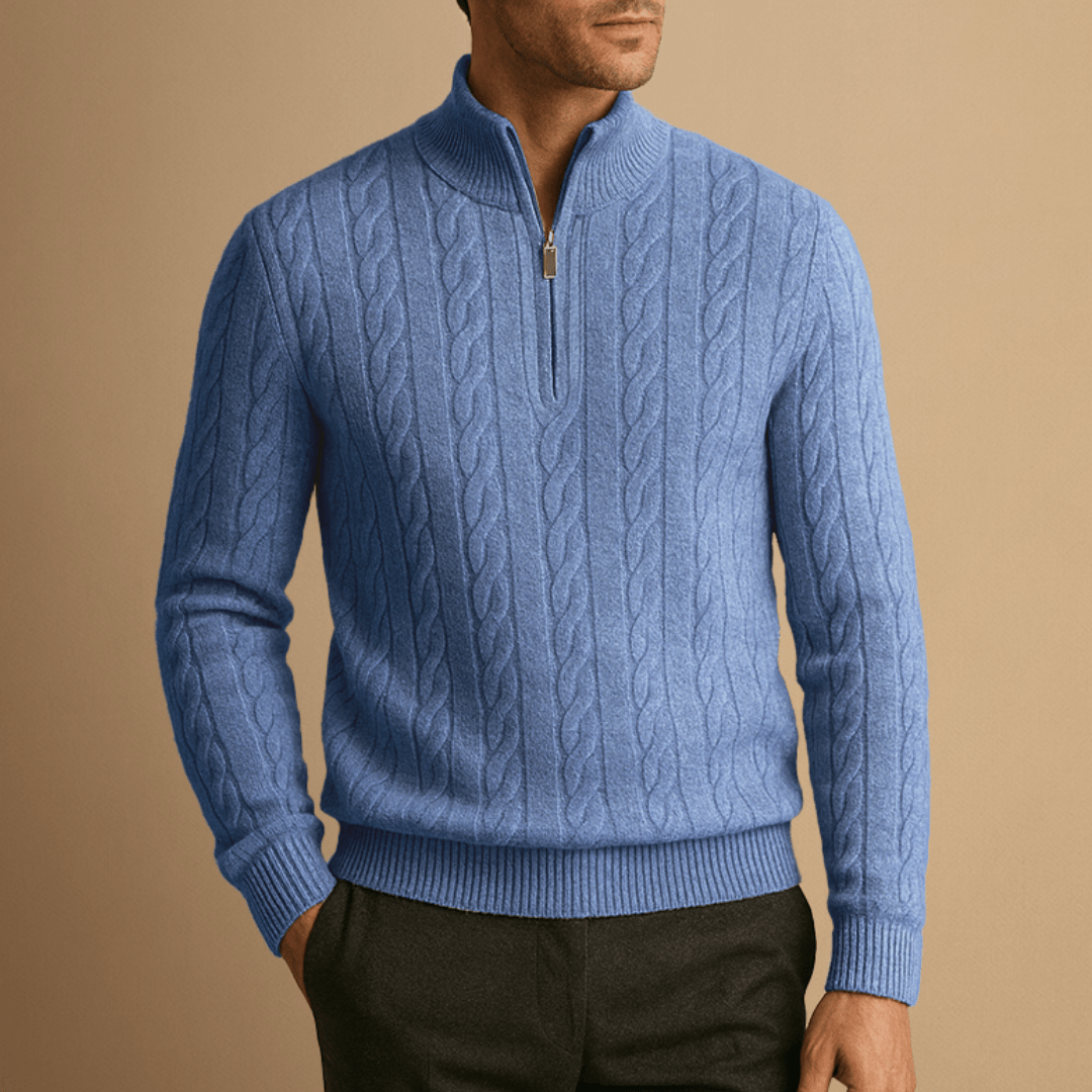 Half Zip Merino Wool Sweater in Cable Knit