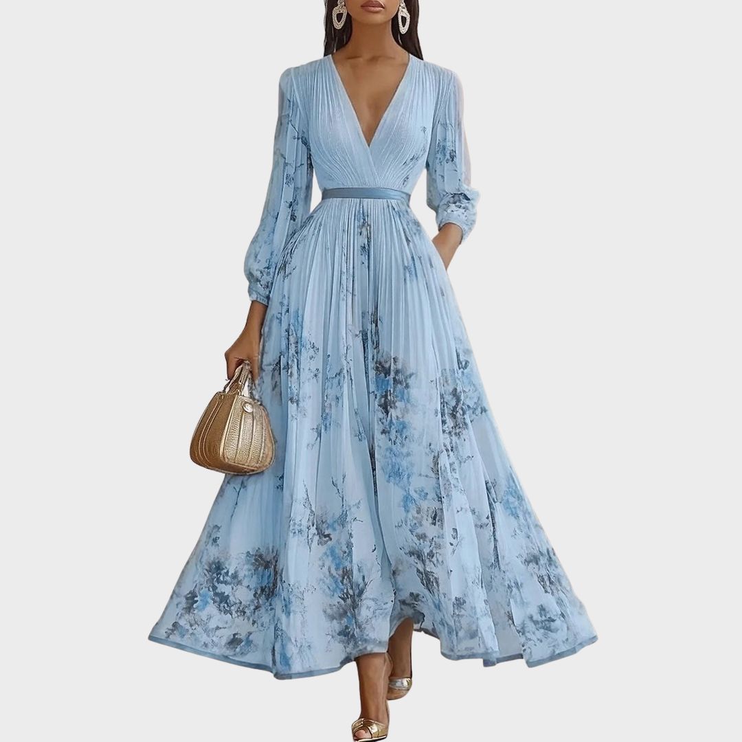 Pleated Maxi Dress with Ribbon Waist