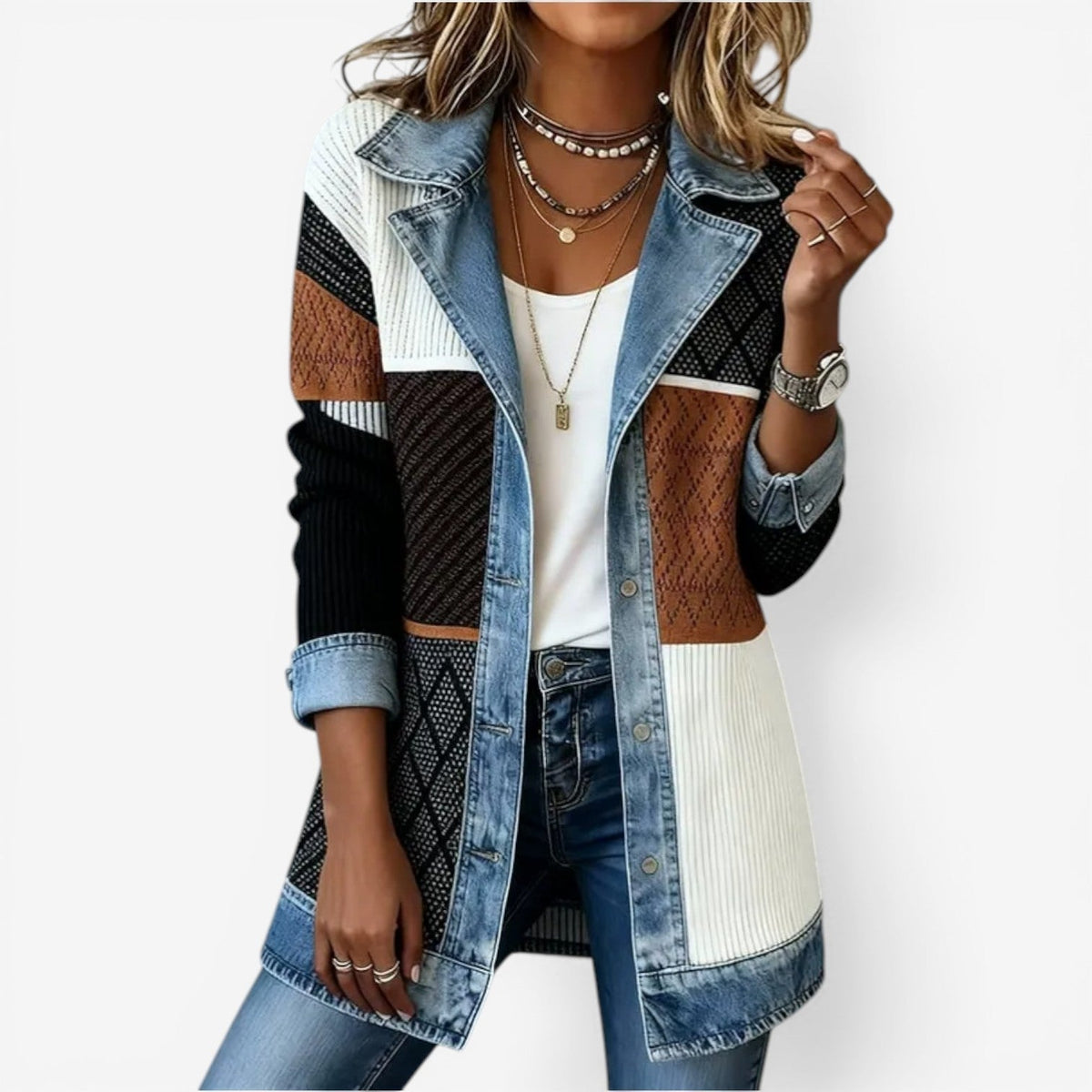 Women's knit autumn jacket with layered collar and buttons in multicolour