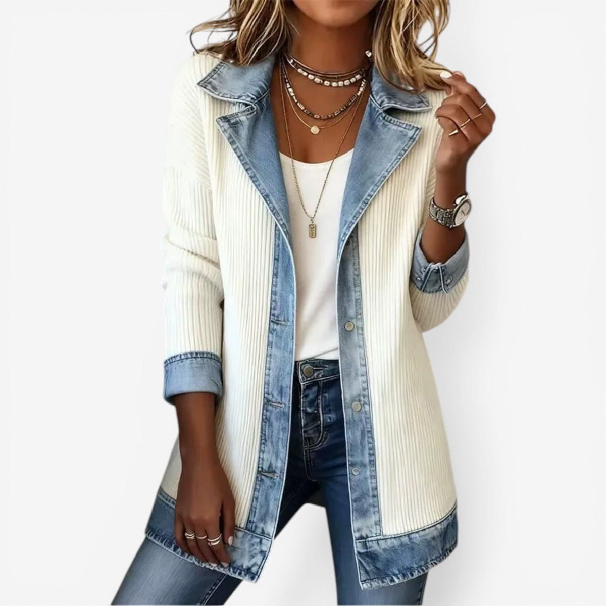 Women's knit autumn jacket with layered collar and buttons in white