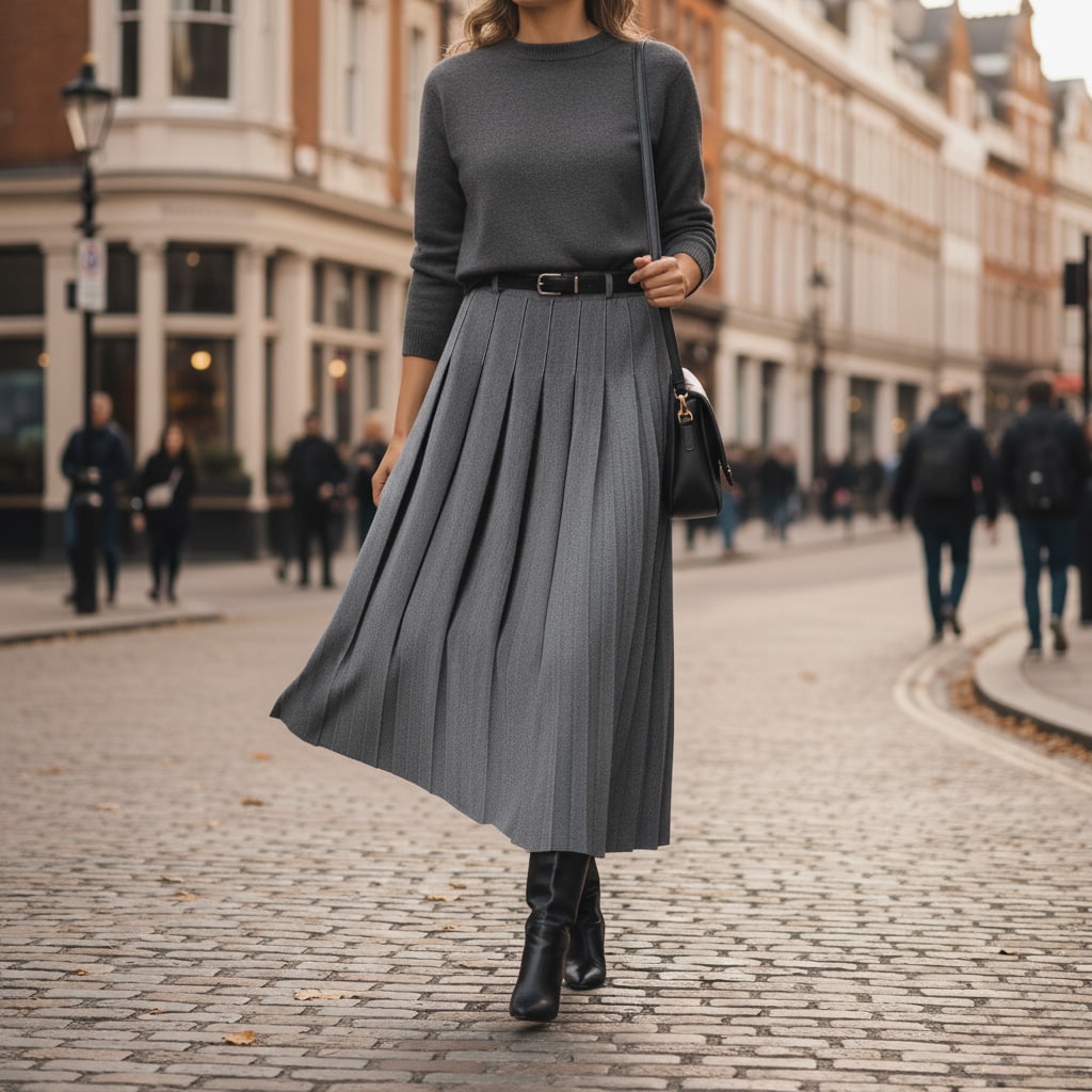 Pleated Midi Skirt Women High Waist