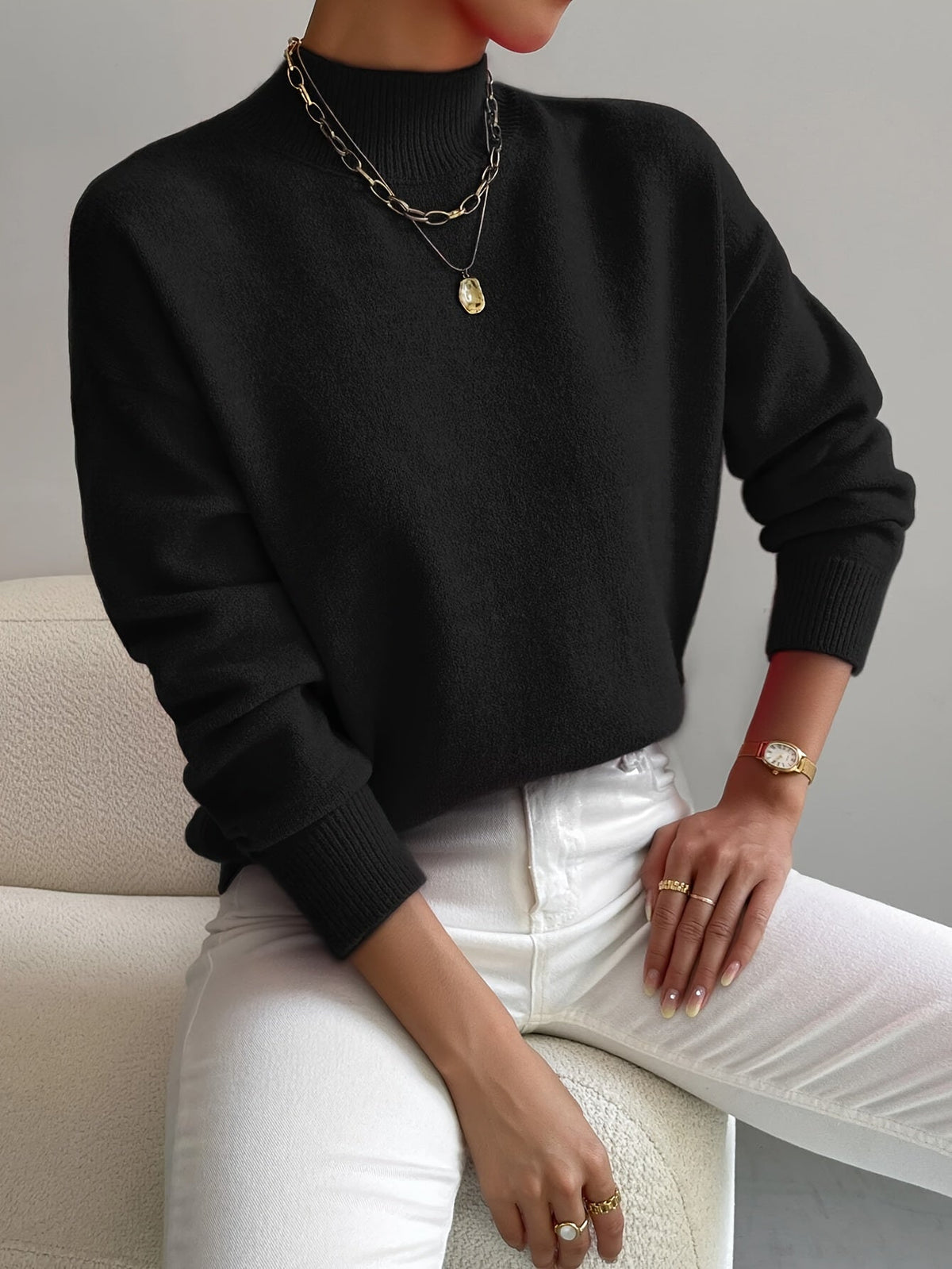 Women's warm soft knit turtleneck sweater in black
