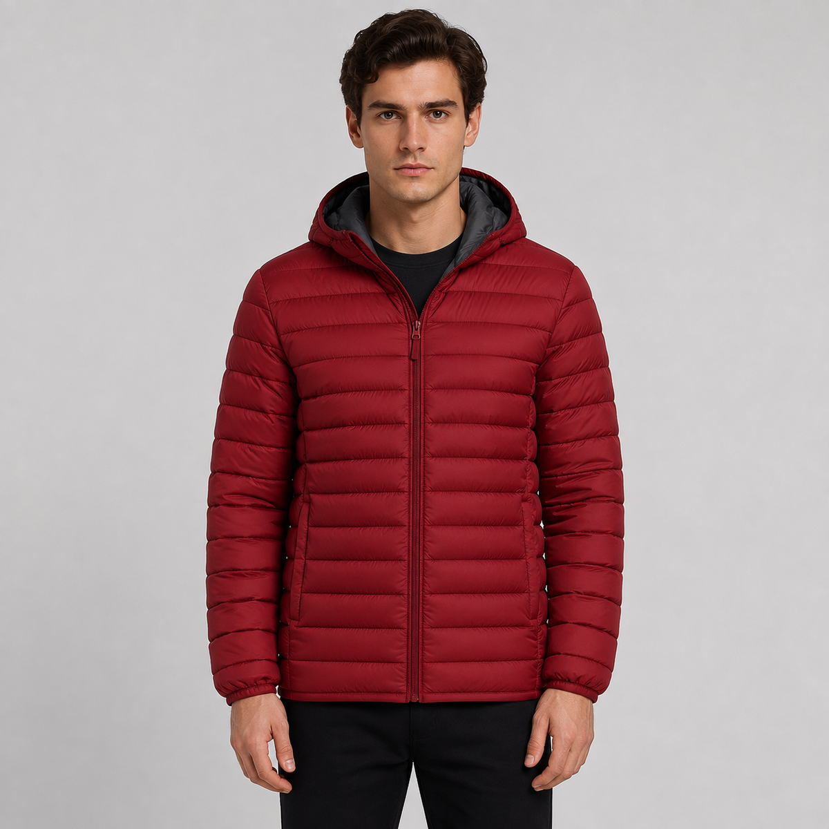 Quilted hooded full-zip jacket in brick red
