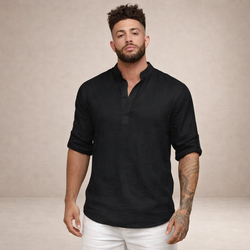 Regular fit linen shirt featuring a stylish stand-up collar and long sleeves, perfect for casual or semi-formal occasions. 8