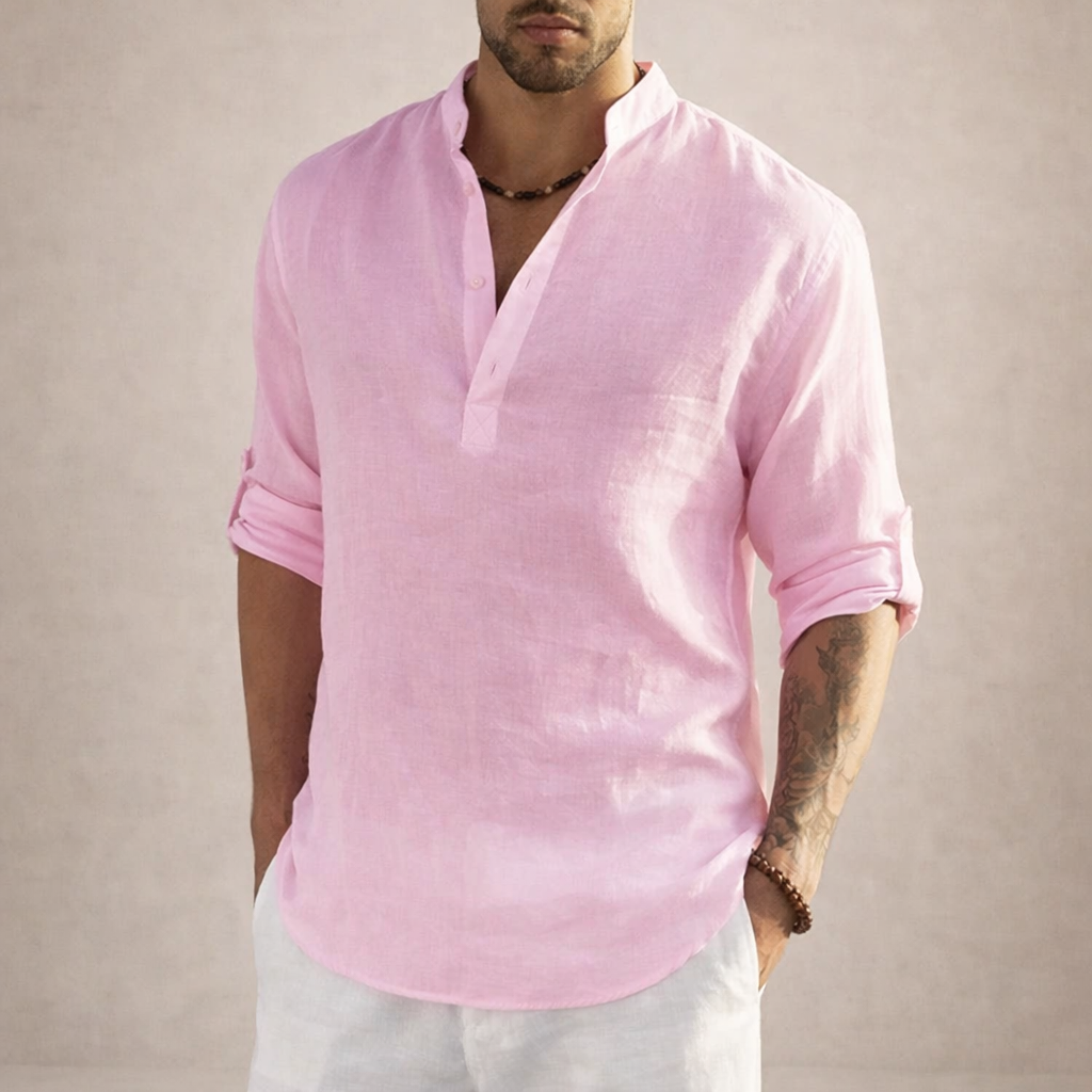 Regular fit linen shirt featuring a stylish stand-up collar and long sleeves, perfect for casual or semi-formal occasions. 9