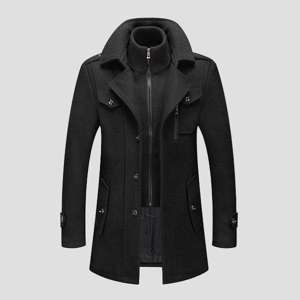 Retro Double Collar Black Wool Coat for Men