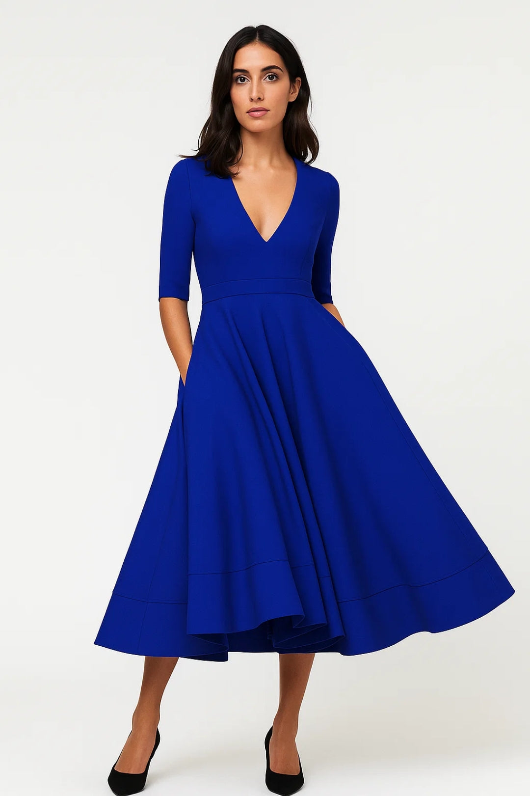 Fit and Flare Midi Dress V-Neck Women
