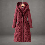 Women's warm luxury longline hooded down coat in red