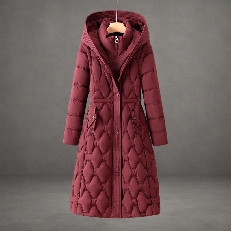 Women's warm luxury longline hooded down coat in red