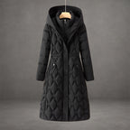 Women's warm luxury longline hooded down coat in black