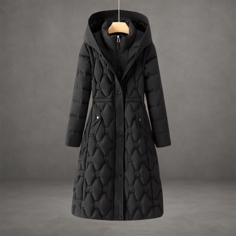 Women's warm luxury longline hooded down coat in black
