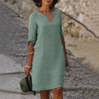 Linen V-Neck Midi Dress