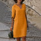 Women's V-Neck Linen Dress Midi Length