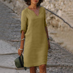 Linen V-Neck Midi Dress