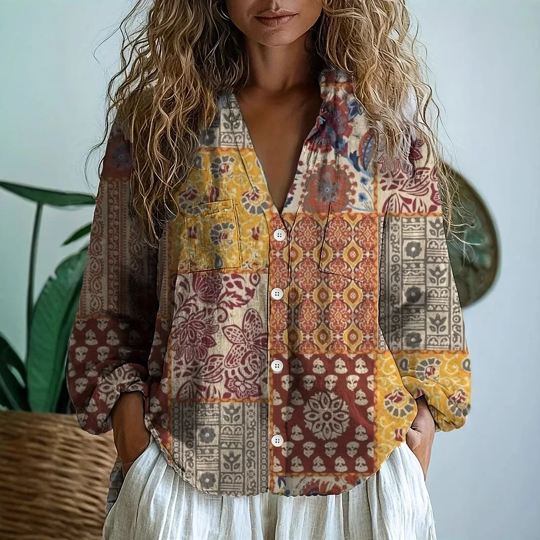 Women's Long Sleeve V-Neck Relaxed Blouse