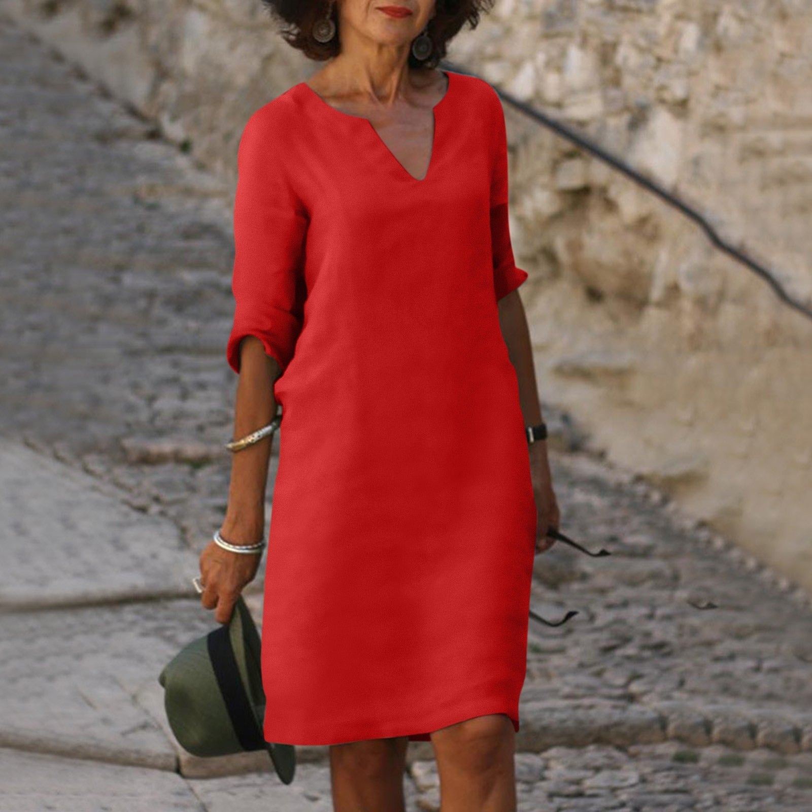 Linen V-Neck Midi Dress