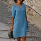 Women's V-Neck Linen Dress Midi Length
