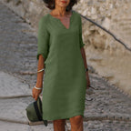 Linen V-Neck Midi Dress