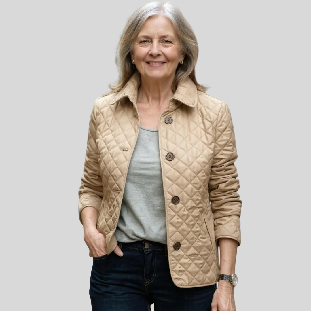Women's lightweight quilted winter jacket with lapel collar in khaki