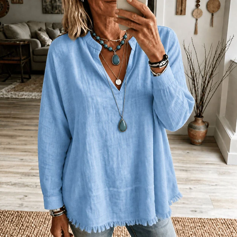 Women's casual V neck tunic top in blue