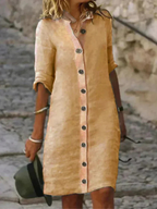 Linen button front collared shirt dress in khaki