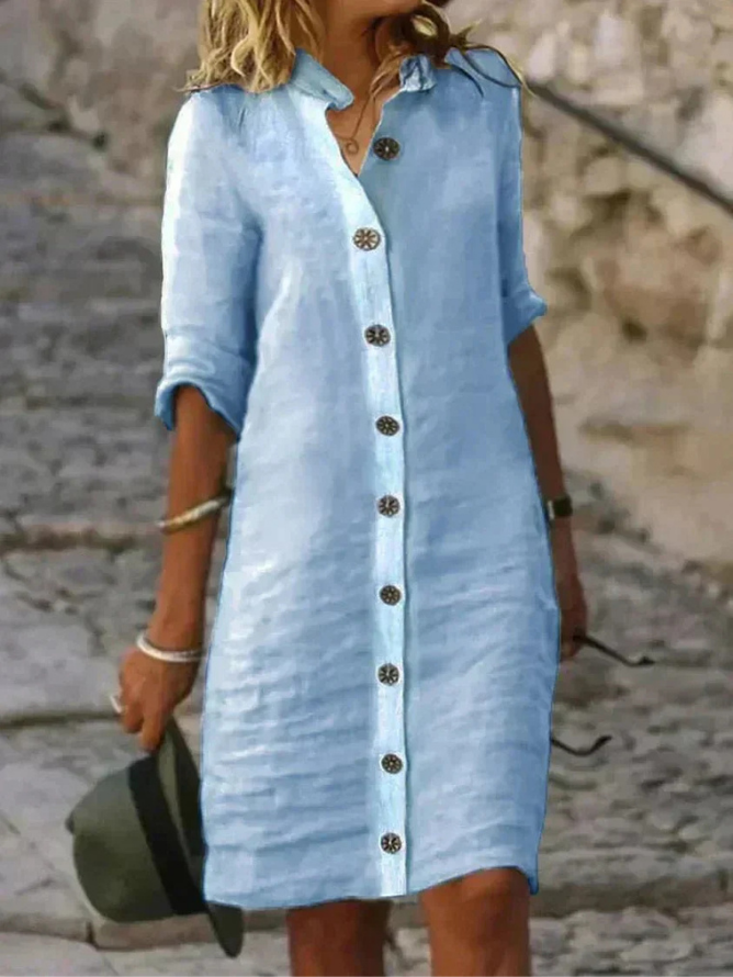 Linen button front collared shirt dress in light blue