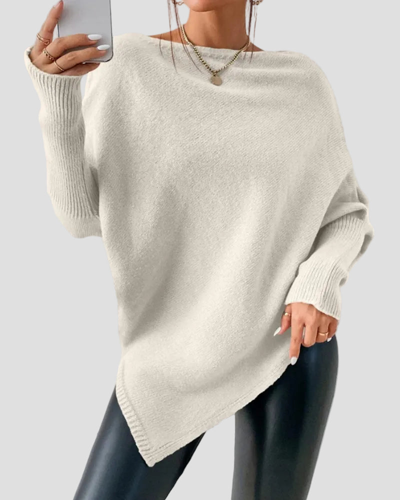Pullover Sweater with Off Shoulder Neckline and Irregular Hem