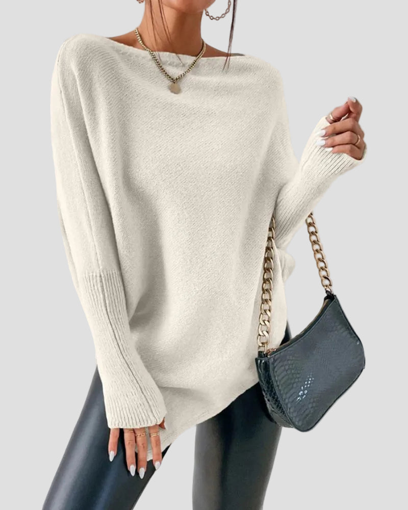 Pullover Sweater with Off Shoulder Neckline and Irregular Hem